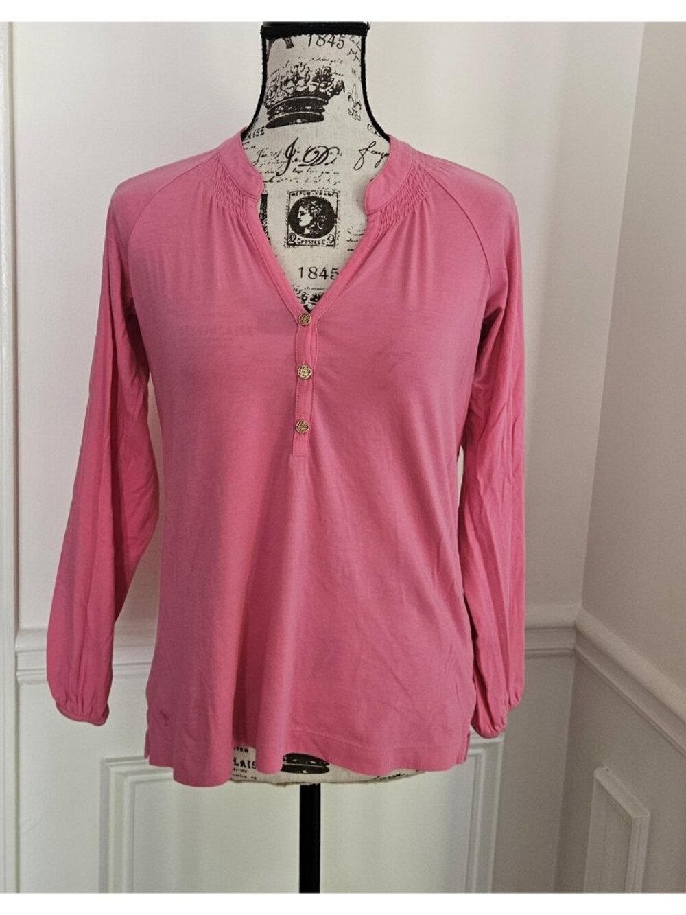 Lilly Pulitzer XS Elsa Pink Henley Top Blouse Pima Cotton